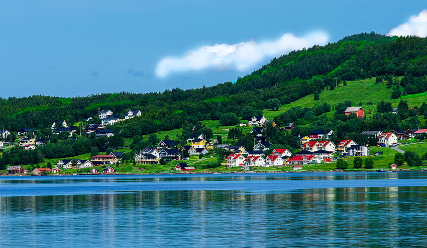 Naturaleza, Casa, Montañas, Noruega, Bahía fondo de pantalla