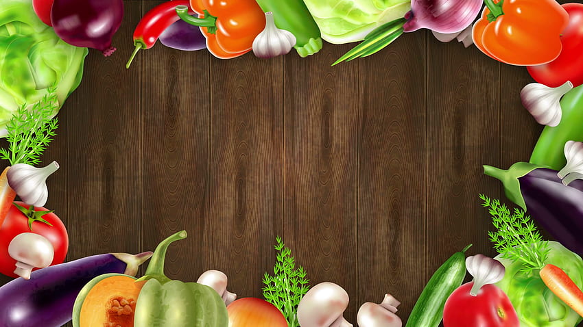 Ahşap arka plan üzerinde bir çerçeve oluşturan gerçekçi stildeki sebzeler, U Full ve video animasyon i olarak mevcuttur HD duvar kağıdı