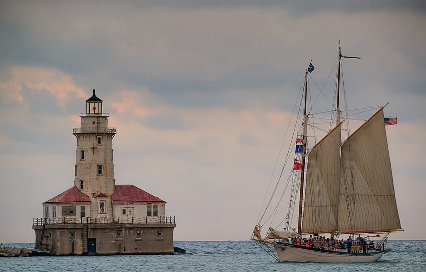 lake, lighthouse, sailboat, Chicago, Il, Chicago, Illinois, lake Michigan, Lake Michigan, schooner, Schooner Appledore IV, Chicago Harbor Lighthouse, The Chicago lighthouse for , section природа - HD wallpaper