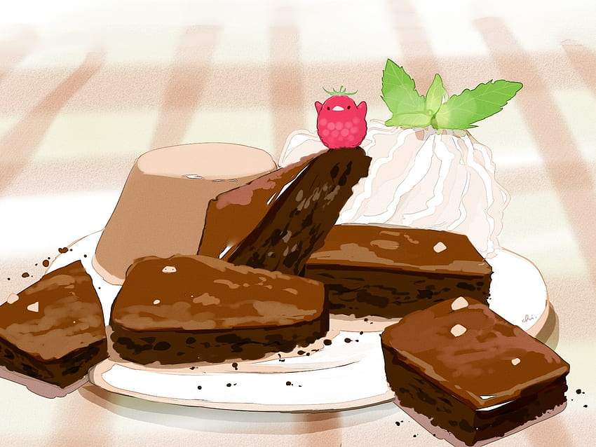 Anime Dessert, Chocolate Cake, Plate, Dessert, Cute Bird for Ainol Novo 9 Spark HD wallpaper