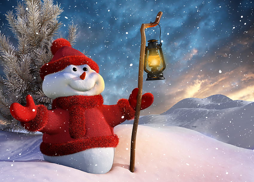Feiertage, Winter, Gebirge, Schnee, Schneemann, Tanne, Laterne, Lampe, Weihnachtsbaum, 3D-Grafik, Stab HD-Hintergrundbild