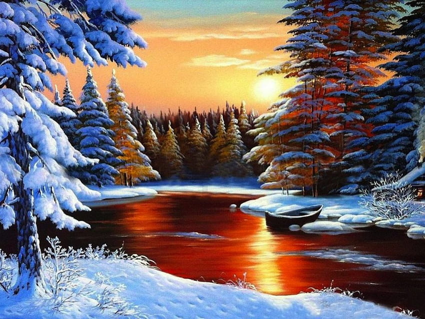 겨울 일출, 겨울, 보트, 눈, 나무, 물, 호수, 일출 HD 월페이퍼