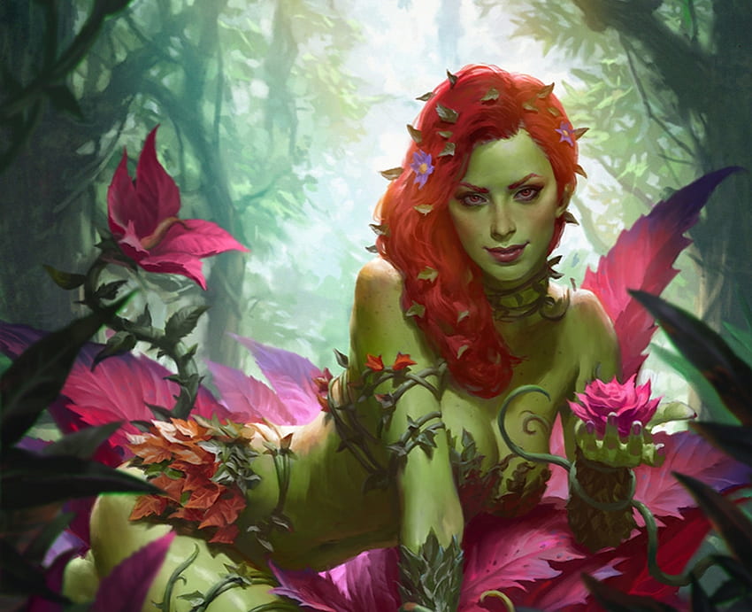 Poison Ivy, kilart, art, girl, pink, fantasy, flower, green, redhead, luminos HD wallpaper