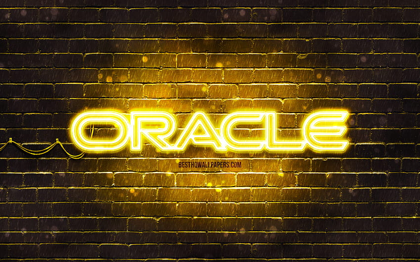 Żółte logo Oracle, żółta ściana z cegły, logo Oracle, marki, neonowe logo Oracle, Oracle Tapeta HD