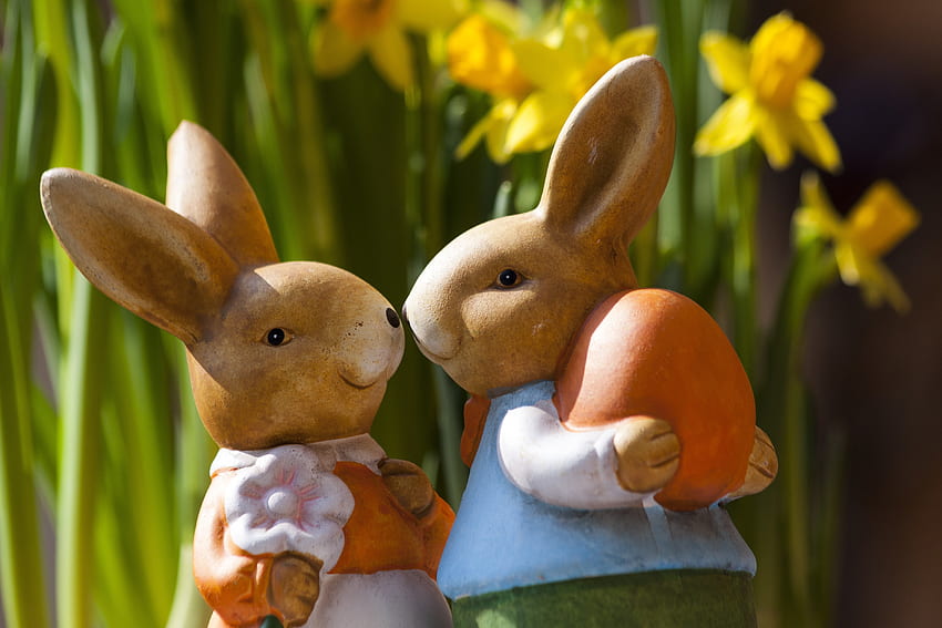 Liburan, Bunga, Kelinci Paskah, Hares Wallpaper HD