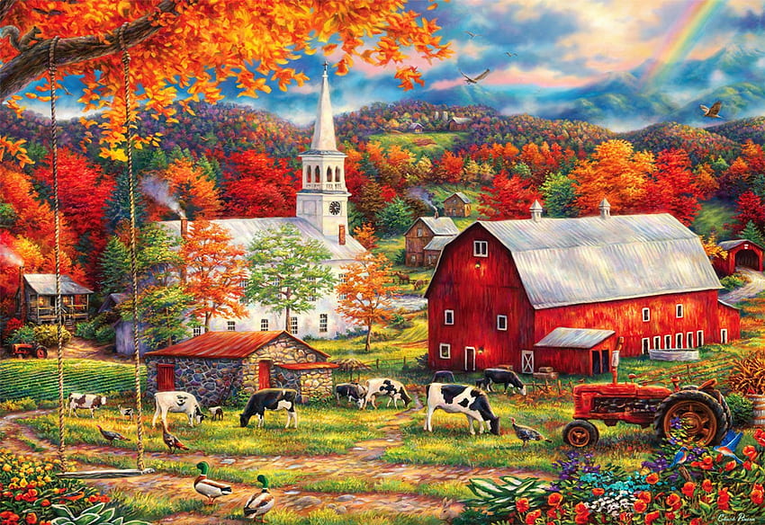 Bênçãos do país, obras de arte, celeiro, pintura, vacas, outono, árvores, cores, igreja papel de parede HD