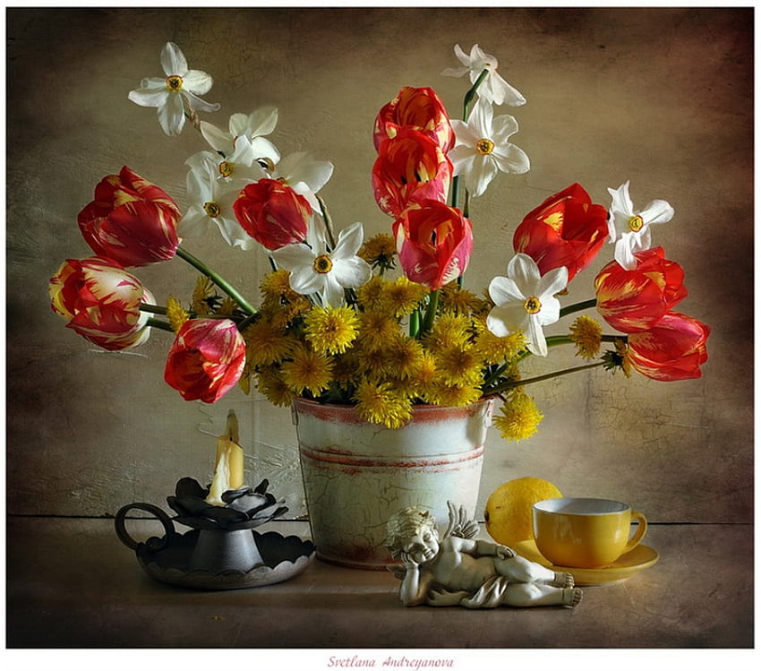 Still life, daffodil, tulip, color, dandelion, vase, cup, spring, painting, petals, flowers HD wallpaper
