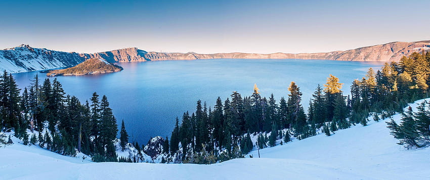 Кратерно езеро през зимата [3440 x 1440]: , 3440X1440 зима HD тапет