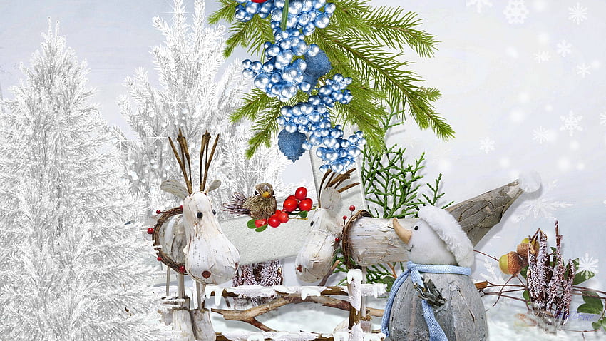 Crafty Christmas, bird, feliz navidad, firefox persona, berries, tree, xmas, snowman, reindeer, limbs, firl, christmas, acorns HD wallpaper