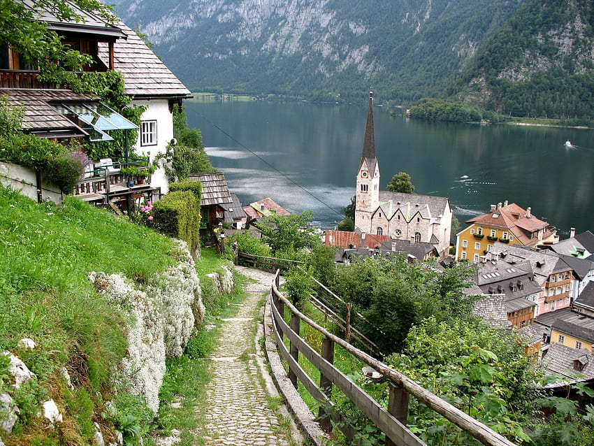 오스트리아, 자연, 주택, 산, 호수, 빌딩 HD 월페이퍼