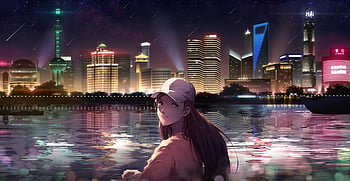 Anime Girl Silhouette Night City Stars Scenery 4K Phone iPhone Wallpaper  #864a