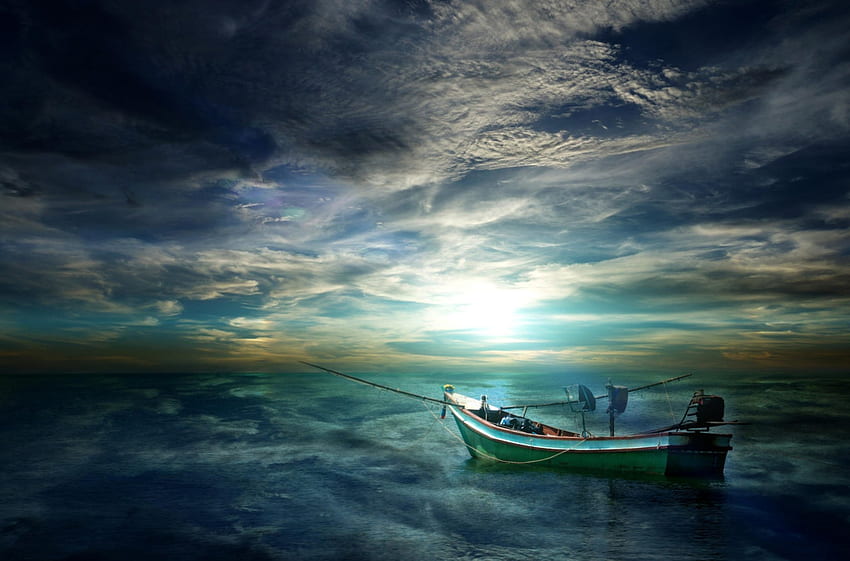 Waiting..., blue, boat, sea, fishing, beautiful, sunrise, beach, clouds, sky, magic light HD wallpaper