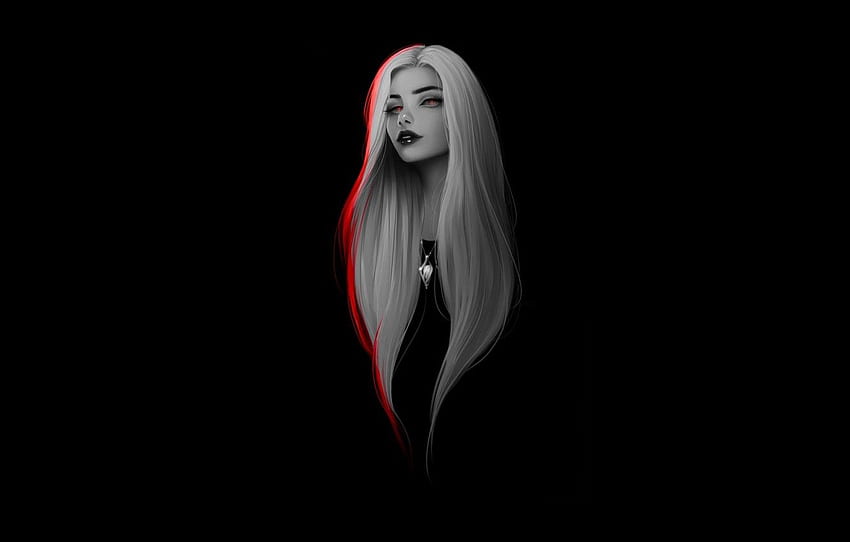 Girl, dark, long hair, minimalism, red eyes, artwork, black background, necklace, white hair, simple background for , section минимализм HD wallpaper