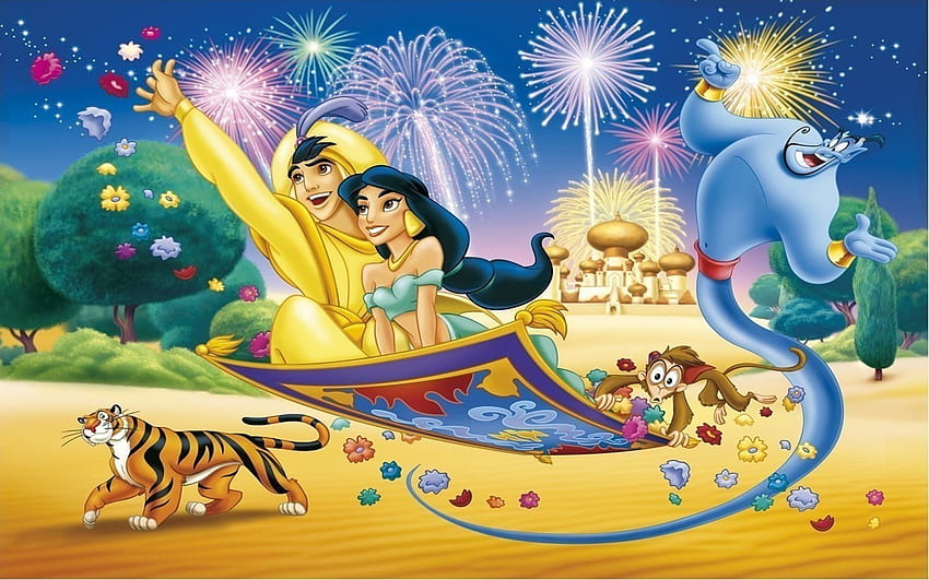 Aladdin e a princesa Jasmina voando no tapete mágico Abu Monkey Tiger and Genie papel de parede HD