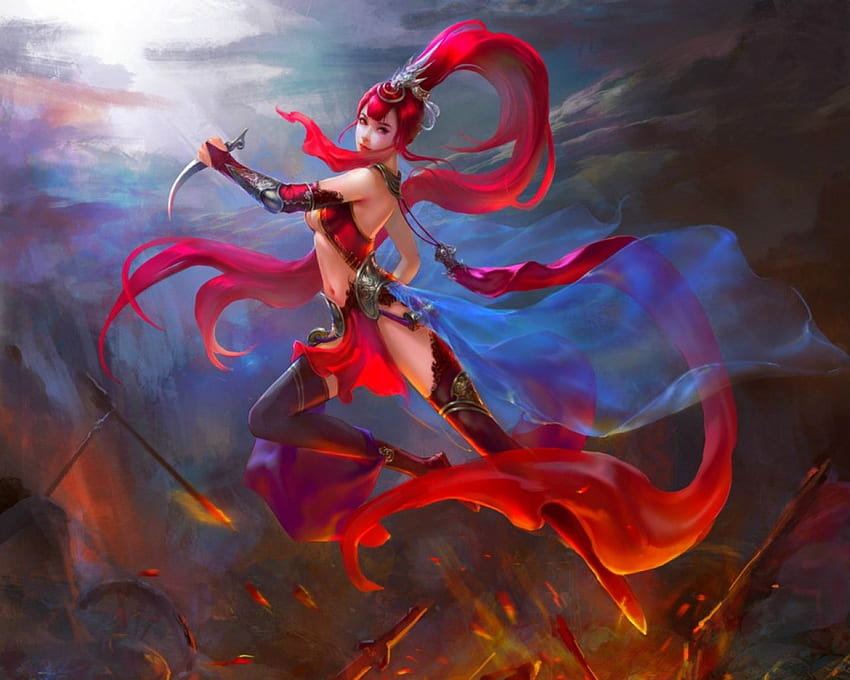 Fantasy girl, angel, sky, fantasy, red HD wallpaper