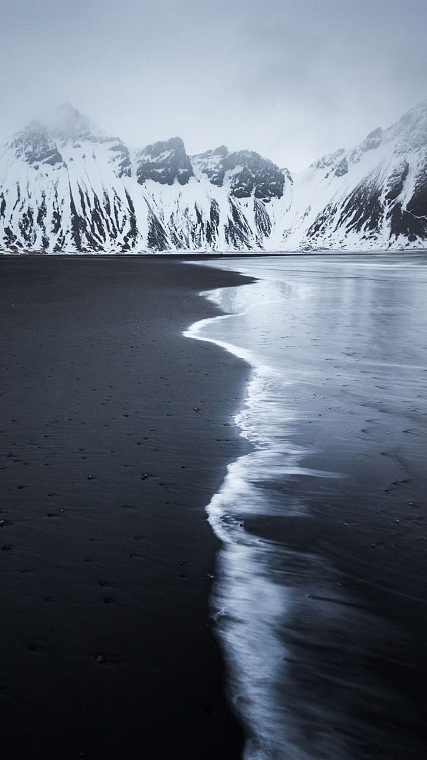Iceland, beach, sea, winter, mountains, snow iPhone HD phone wallpaper