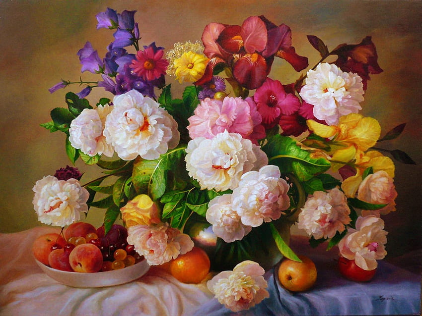 Natura morta, bouquet, vaso, bello, frutta, profumo, carino, fiori, profumo, bello, armonia Sfondo HD