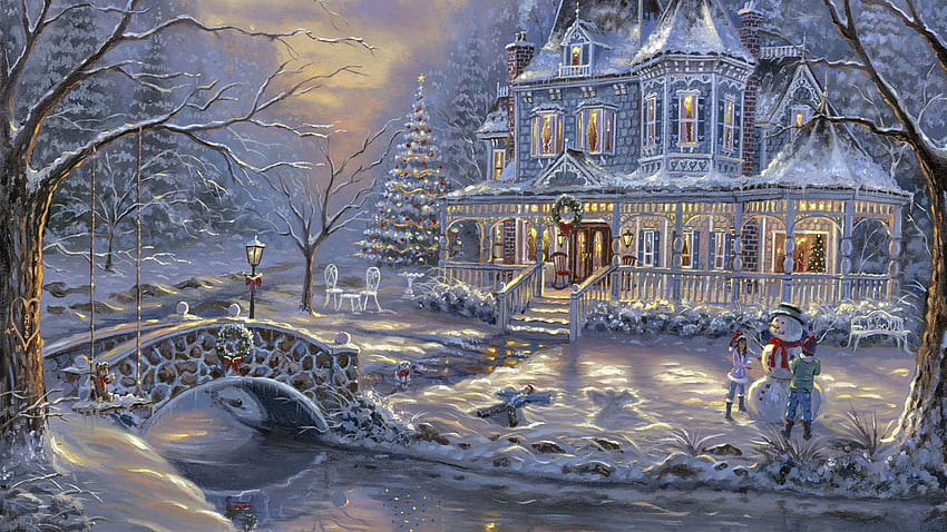 Houses Merry Christmas Scene Victorian Painting December Cobblestone, Snow Holiday HD wallpaper