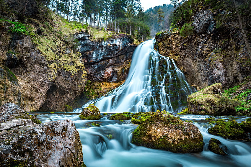 น้ำตก Gollinger ฉาก สวยงาม ฤดูใบไม้ผลิ หิน หิน ออสเตรีย น้ำตก งดงาม ป่า วอลล์เปเปอร์ HD