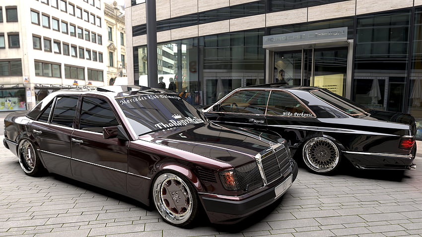SEC and W124 in front of the store, black, classic, gloss, ri, , sec, tuorqouise, 3680x2160, mercedes, 1920x1080, 3d, reflection, school, 2020, v8, 3dsmax, , led, mentalray, c126, vray, 2018, panorama, environment, 2019, green, hop, 360, glossy, SEC WIDEBODY HD wallpaper