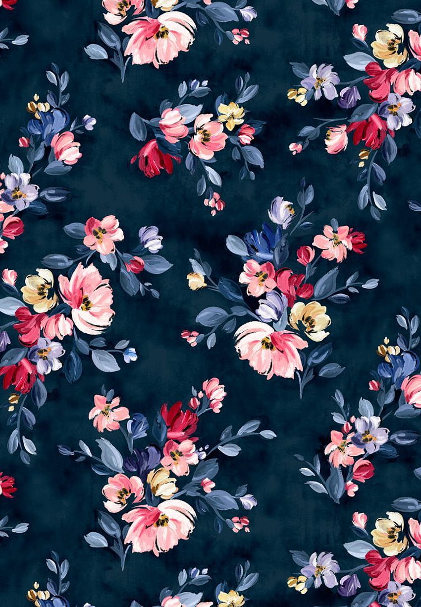 A navy floral print with brightly coloured pink and yellow flowers HD phone wallpaper