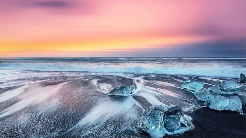 Sunset, seashore, beach, nature, icebergs HD wallpaper