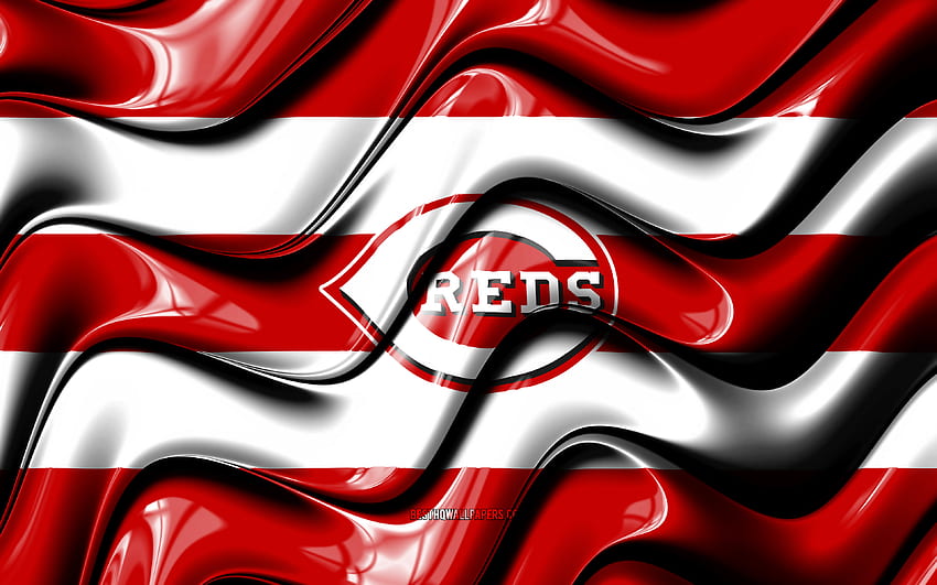 Флаг на Синсинати Редс, червени и бели 3D вълни, MLB, американски бейзболен отбор, лого на Синсинати Редс, бейзбол, Синсинати Редс HD тапет