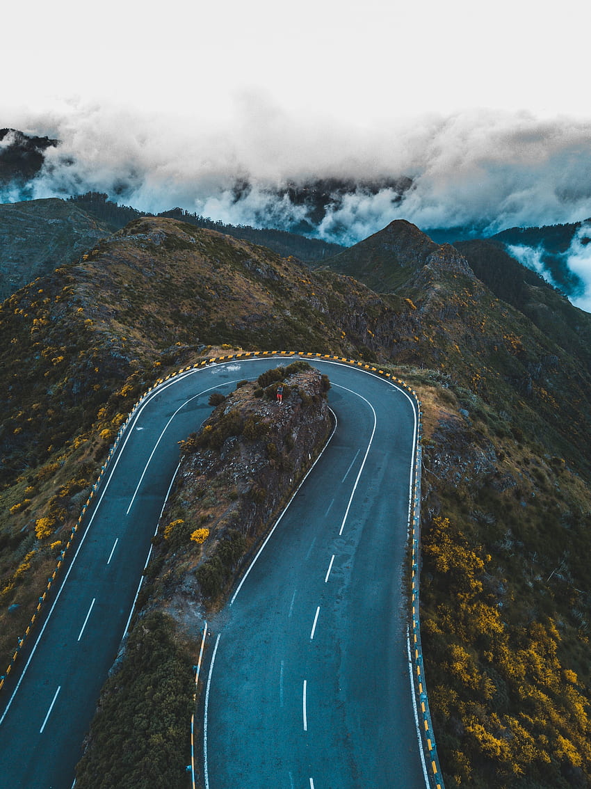 Aerial view, highway, road's turn, mountains HD phone wallpaper