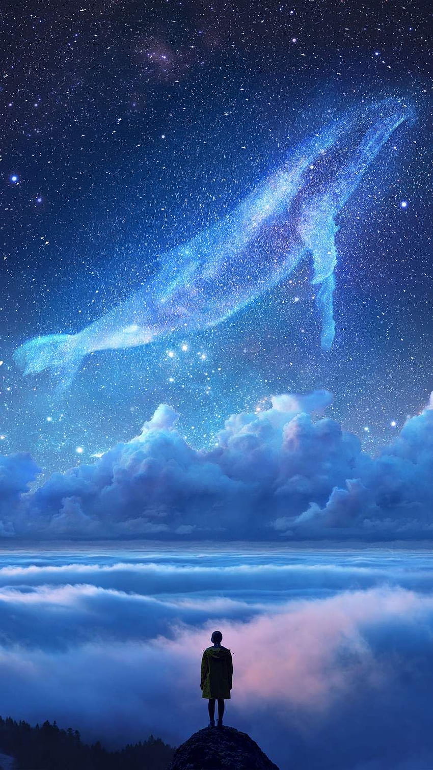 iPhone della balena mistica. Mistico, paesaggio fantastico, arte del cielo Sfondo del telefono HD