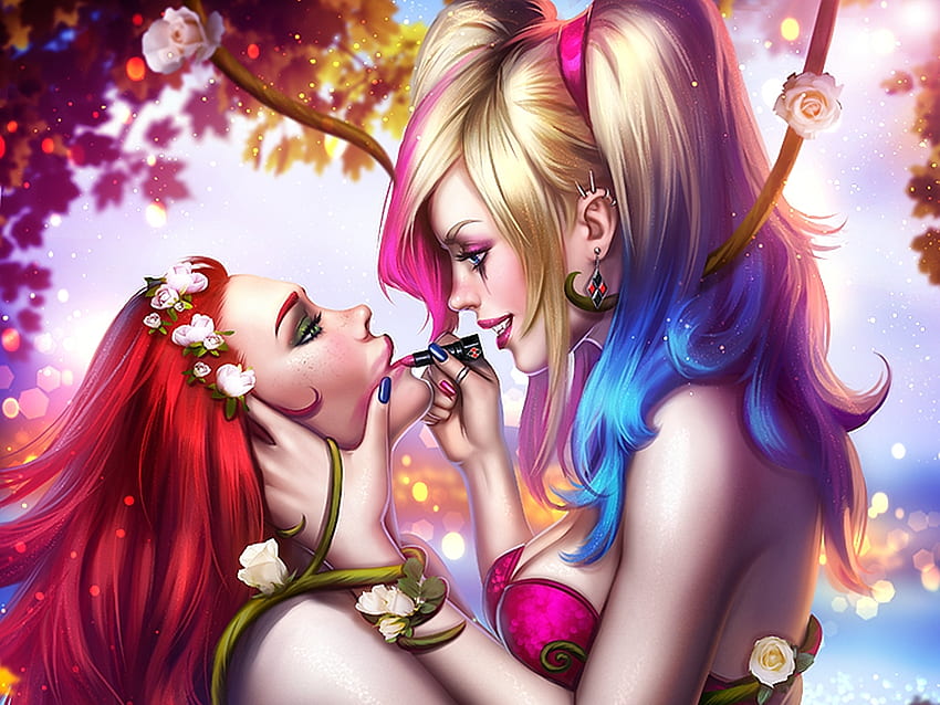 Poison Ivy y Harley Quinn, azul, rubia, ayyasap, niña, rosa, fantasía, lápiz labial, historietas, rojo, pareja, pelirroja, luminos fondo de pantalla