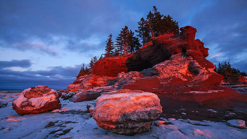 Ice flows and flowerpot island, Burntcoat Head, Nova Scotia, rocks, canada, sea, clouds, trees, sky HD wallpaper