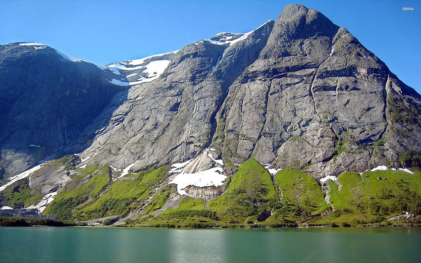 pico rocoso al lago, hierba, lago, roca, montaña fondo de pantalla
