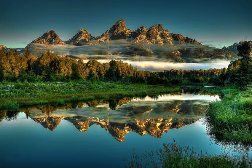 Невероятна природа, синьо, природа, планини, езеро HD тапет