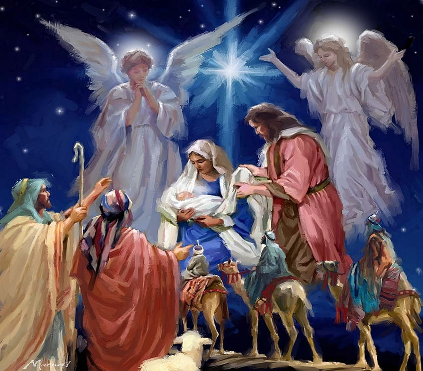 Nativity, star, wise men, painting, jesus, mary, joseph, angels HD wallpaper