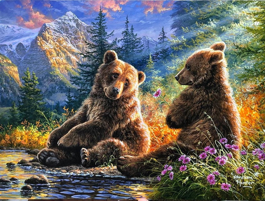 Two brothers, couple, brother, source, water, animal, abraham hunter, urs, art, bear, painting, pictura HD wallpaper