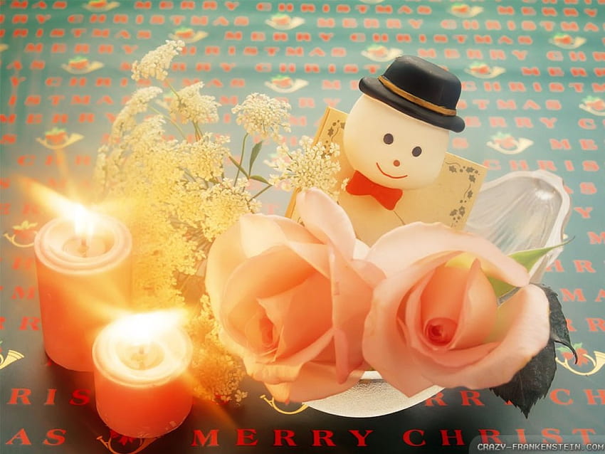 Frohe Weihnachten, Schneemann, fröhlich, Rosen, Weihnachten HD-Hintergrundbild