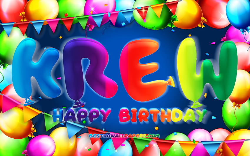 Happy Birtay Krew, , colorful balloon frame, Krew name, blue background, Krew Happy Birtay, Krew Birtay, popular american male names, Birtay concept, Krew HD wallpaper
