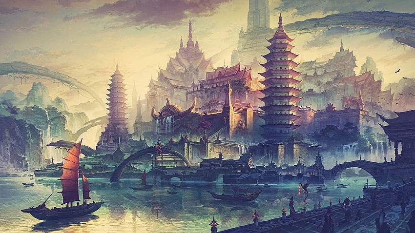 Çizim Şehir Su Gemisi Tekne Çin Mimarisi Fantastik Sanat Çin Geleneksel Sanatı Asya Mimarisi - Çözünürlük: HD duvar kağıdı