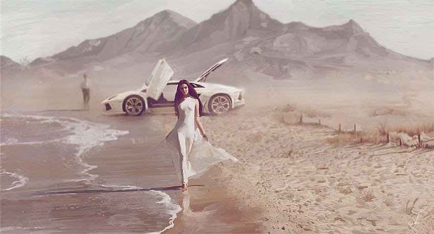 изкуство, море, крайбрежие, момиче, кола, настроение, плаж, Lamborghini, суперавтомобил, брюнетка / и мобилен фон HD тапет