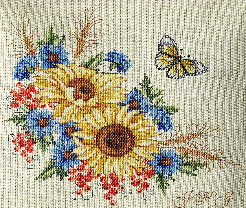 Sunflower floral, sunflowers, butterfly, stitches, flowers, bunch HD wallpaper