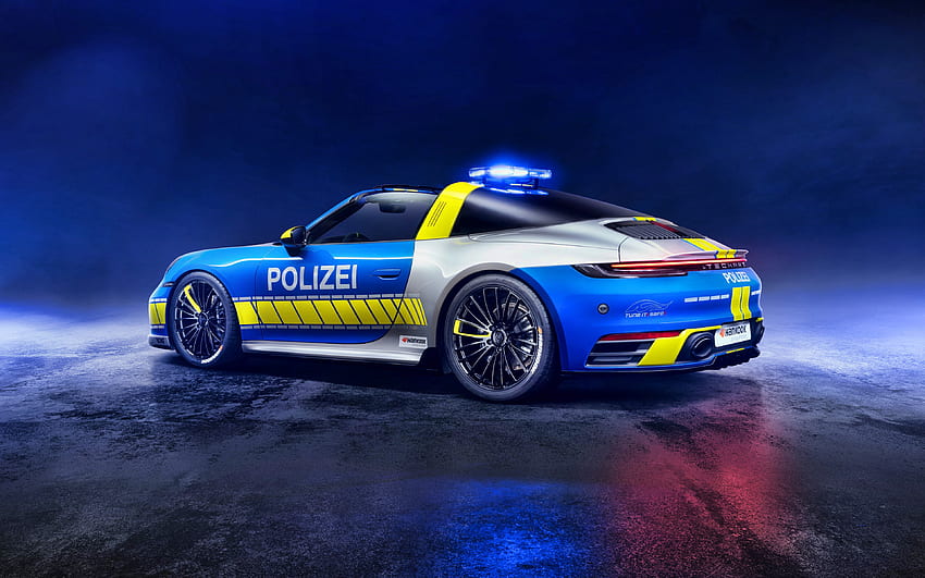 2021, TechArt Cabriolet Tune it Safe, visão traseira, exterior, Porsche 911 Cabriolet, supercarro da polícia, polícia alemã, carro esportivo da polícia, TechArt, ajuste, carros esportivos alemães, Porsche papel de parede HD