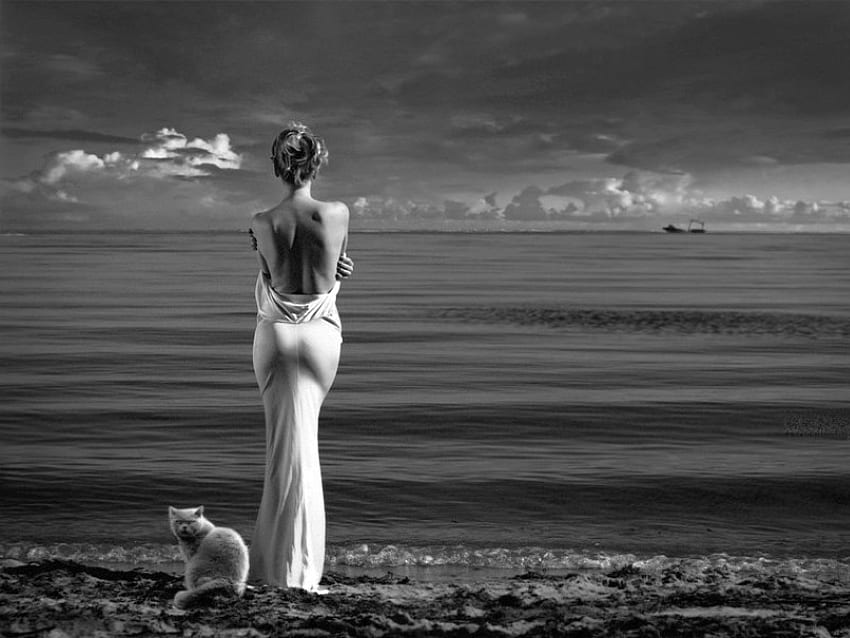 lady w Cat-On Beach, na praia, lady w cat, preto e branco papel de parede HD
