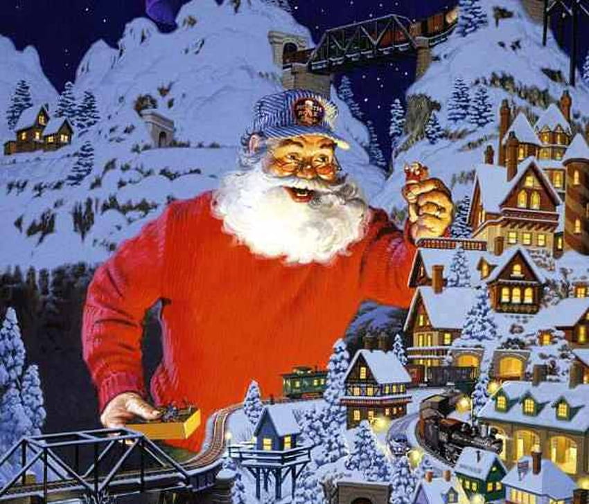 Orgullo de Papá Noel, invierno, feriado, nieve, navidad, tren, pueblo, santa fondo de pantalla