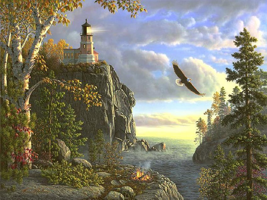 Leitlicht, Sonnenschein, Leuchtturm, Adler, Wolken, Felsen, Wasser, Feuer, Baum HD-Hintergrundbild