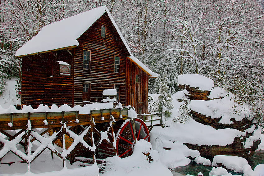 Grist mill- West Virginia, inverno, West Virginia, bom, flocos de neve, neve, árvores, moinho de grãos, América, geada, nevado, congelado, moinho, frio, bonita, moinho de água, natureza, adorável, floresta, gelo papel de parede HD