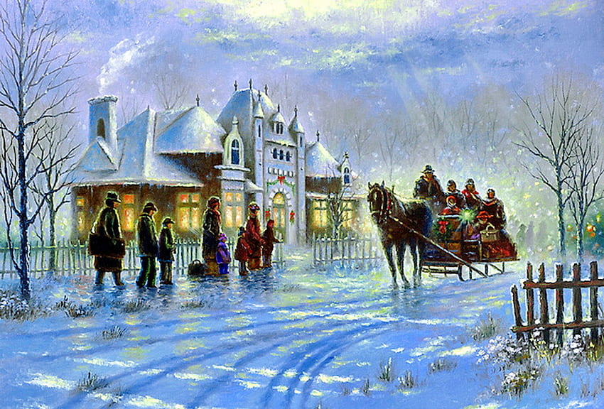 Home for the Holidays, winter, horses, lights, christmas, people, carriage, home HD wallpaper