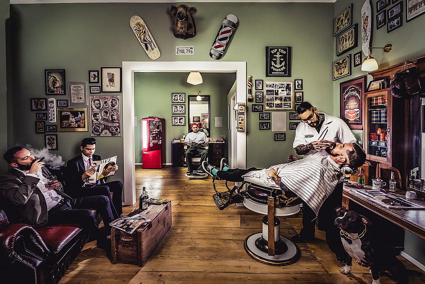 Salon de coiffure . US Gentleman Barbershop Coupe de cheveux et rasage à chaud, Chaise de barbier Fond d'écran HD