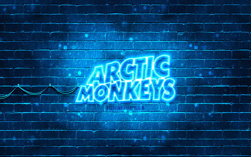 Синьо лого на Arctic Monkeys, британска рок група, музикални звезди, синя тухлена стена, лого на Arctic Monkeys, неоново лого на Arctic Monkeys, Arctic Monkeys HD тапет