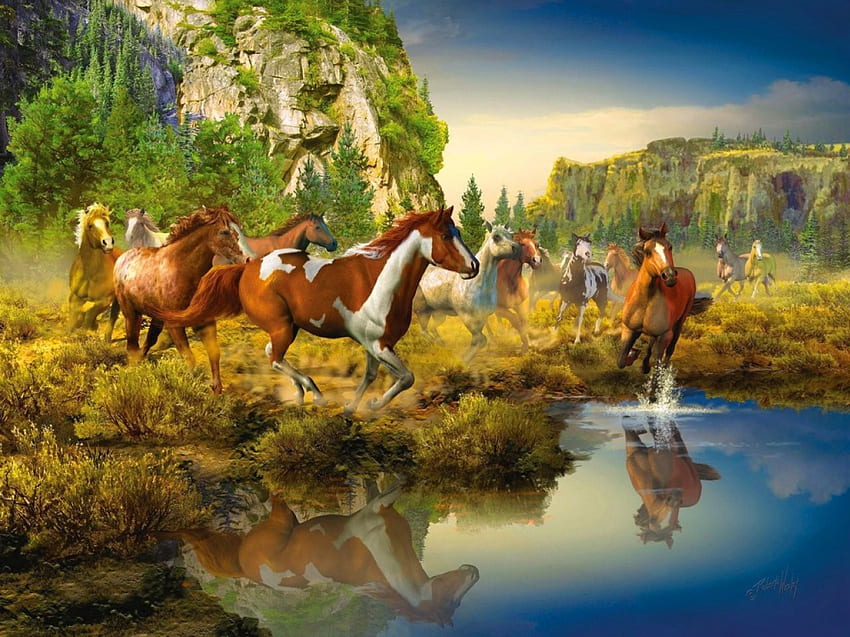 Running wild horses, art, bunch, run, beautiful, wild, mountain, lake, horses, painting, cliffs, animals, nature, sky HD wallpaper