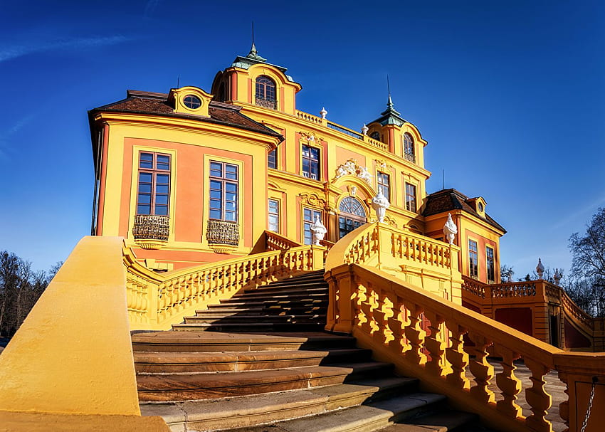 Дворец Германия Лудвигсбург стълбище Градове Къщи Дизайн, Жълта сграда HD тапет